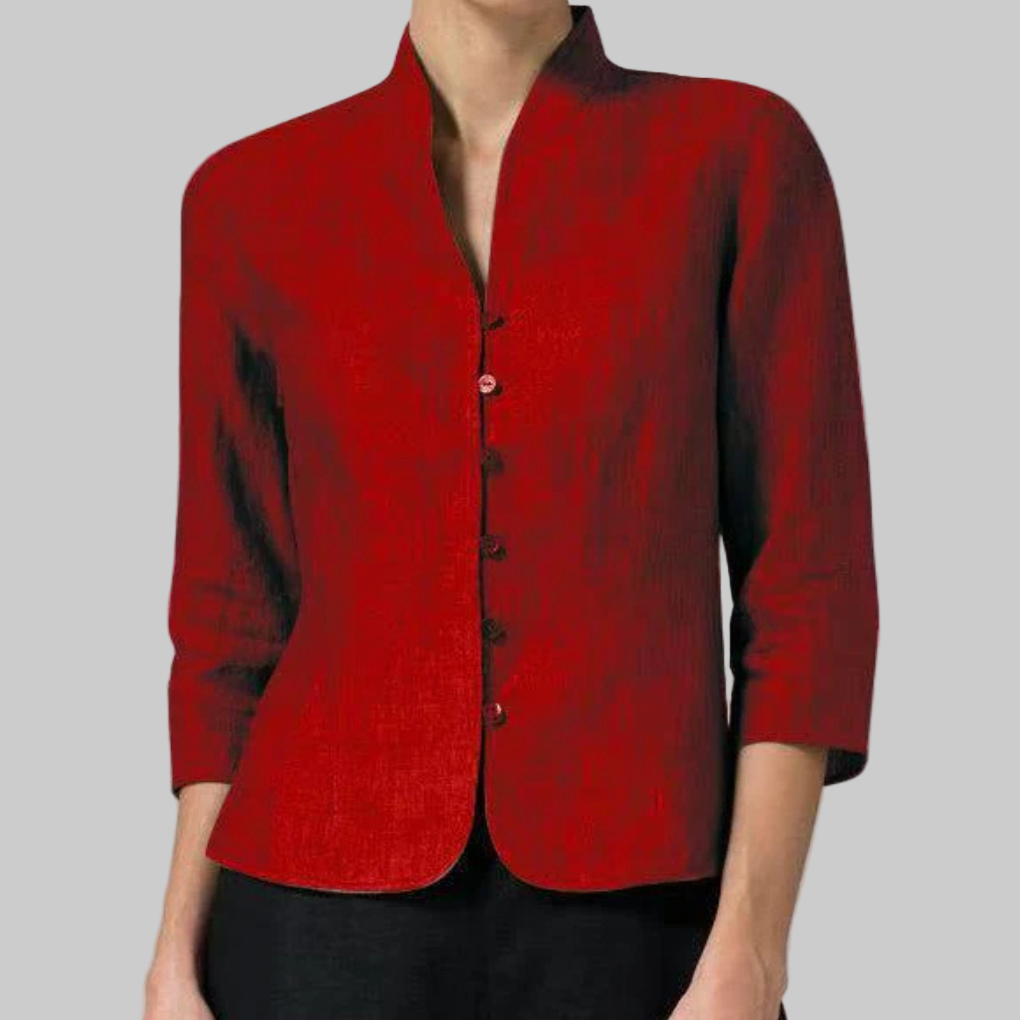 Ophelia – Women's Mandarin Collar Top – Chambray-Texture Woven, 3/4 Sleeves