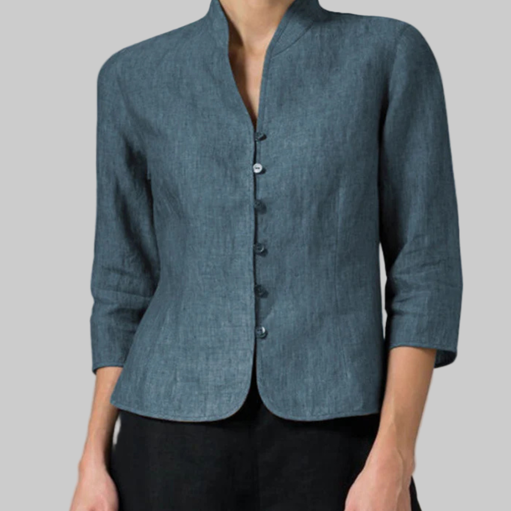 Ophelia – Women's Mandarin Collar Top – Chambray-Texture Woven, 3/4 Sleeves