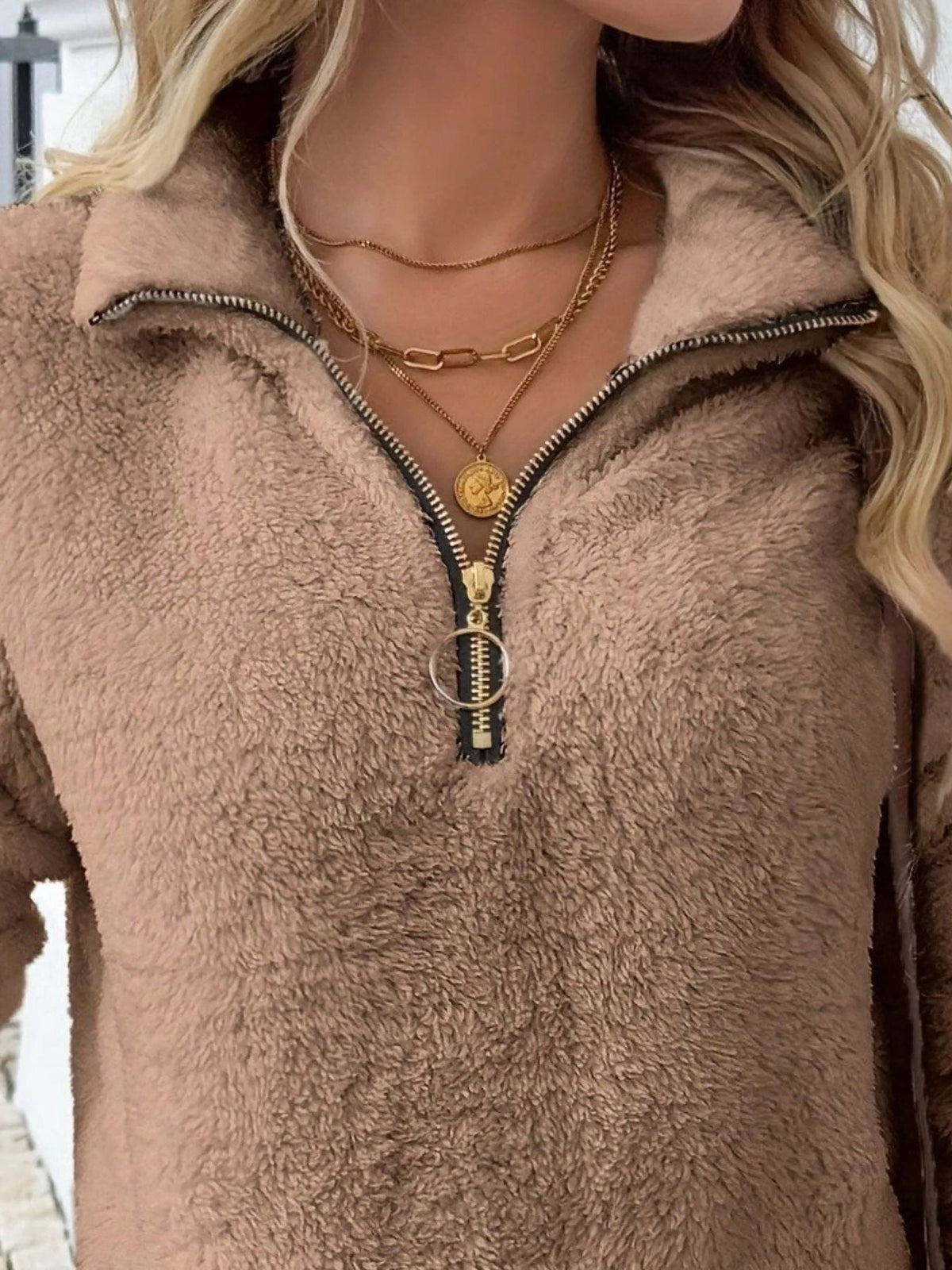 Pamela | Women's Fuzzy Half-Zip Pullover – Stand Collar, Kangaroo Pocket, Contrast Trim