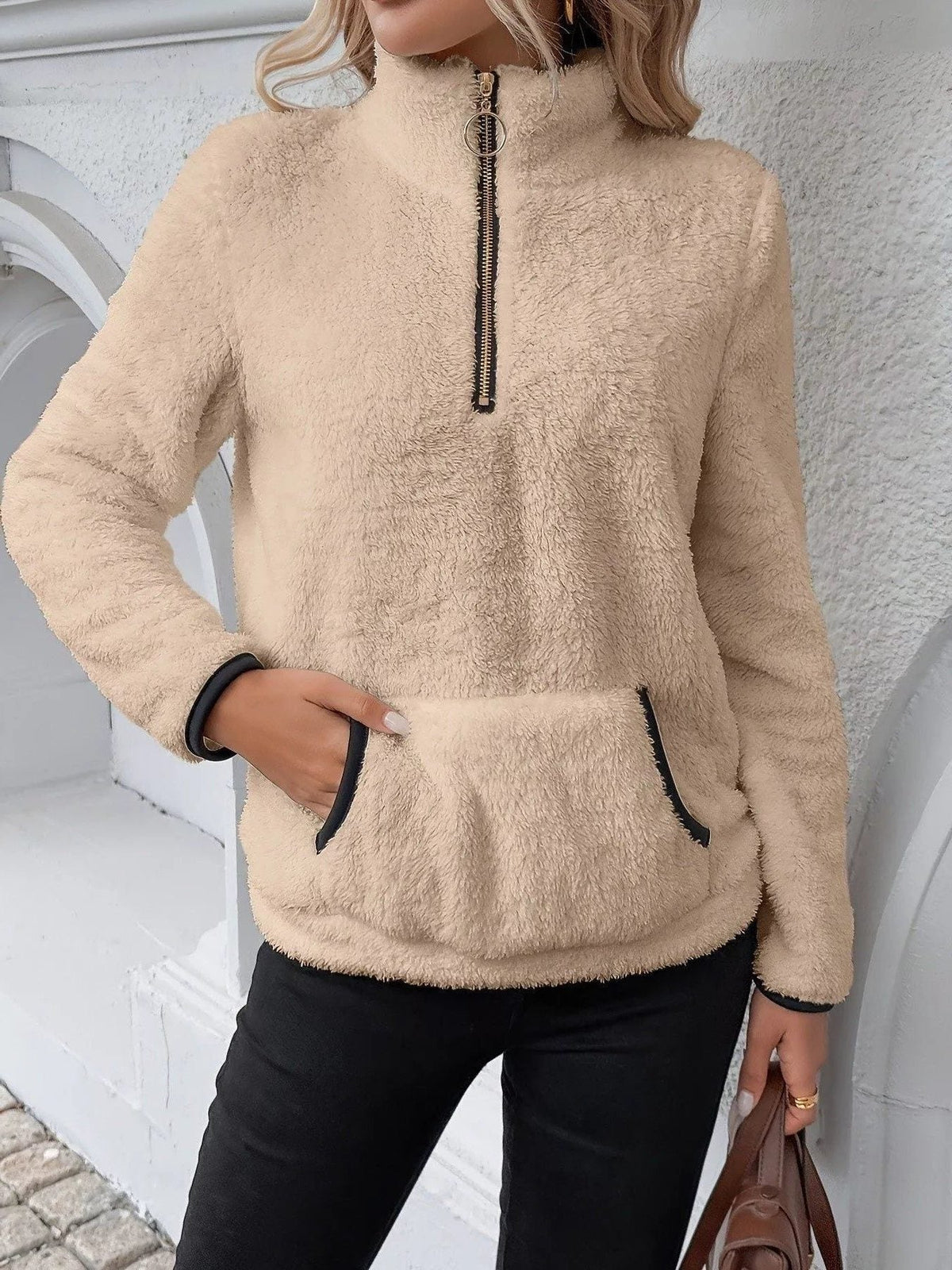 Pamela | Women's Fuzzy Half-Zip Pullover – Stand Collar, Kangaroo Pocket, Contrast Trim – Sand