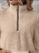 Pamela | Women's Fuzzy Half-Zip Pullover – Stand Collar, Kangaroo Pocket, Contrast Trim