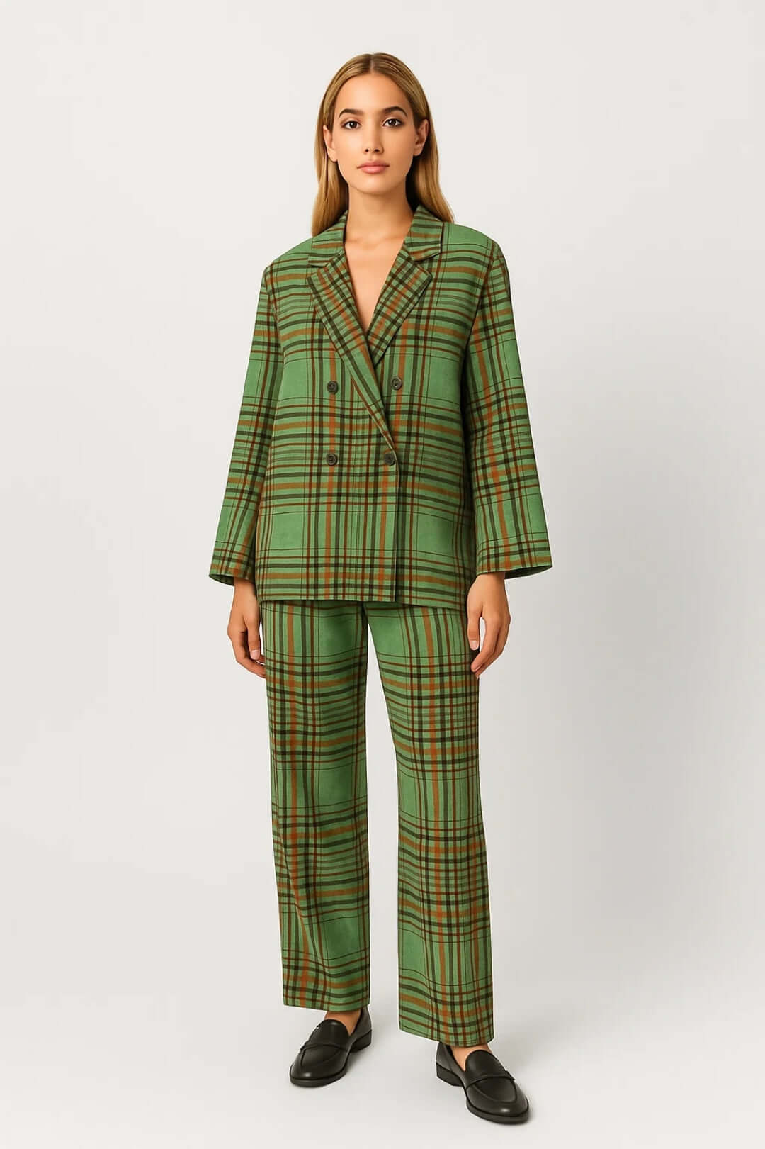 Patricia | Women's Plaid Double-Breasted Suit Set – Blazer and Straight-Leg Trousers – Green Plaid