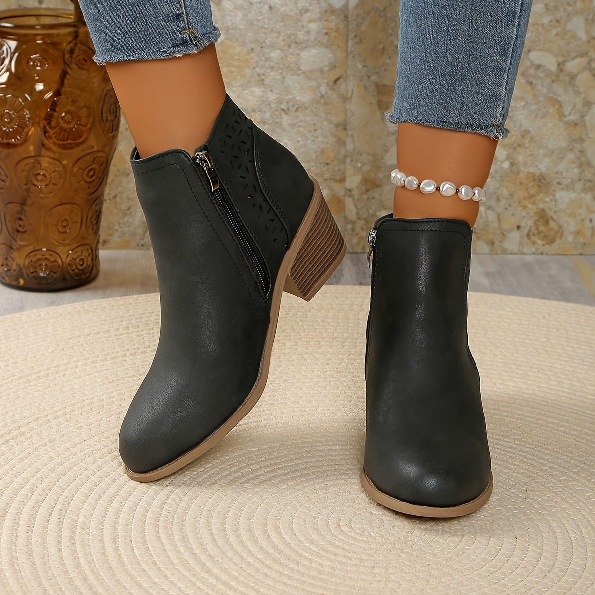Paula | Women's Western-Style Ankle Boots – Side Zip, Cutout Panel, Stacked Heel