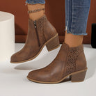 Paula | Women's Western-Style Ankle Boots – Side Zip, Cutout Panel, Stacked Heel – Brown