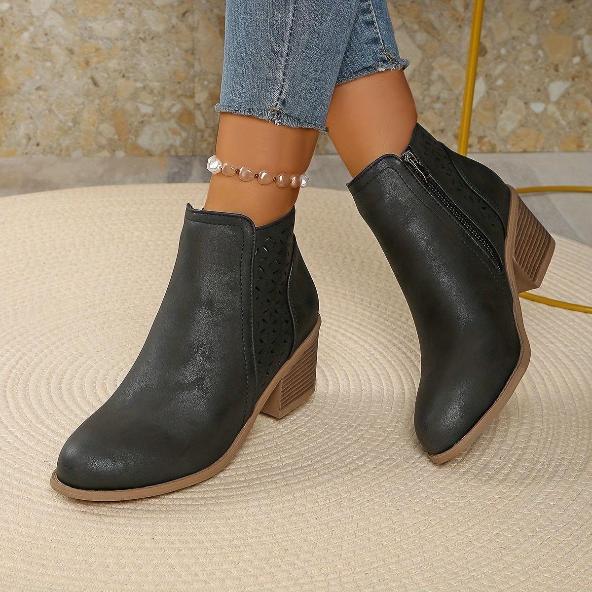 Paula | Women's Western-Style Ankle Boots – Side Zip, Cutout Panel, Stacked Heel