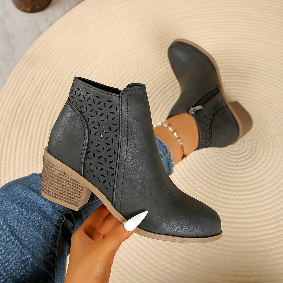 Paula | Women's Western-Style Ankle Boots – Side Zip, Cutout Panel, Stacked Heel – Black