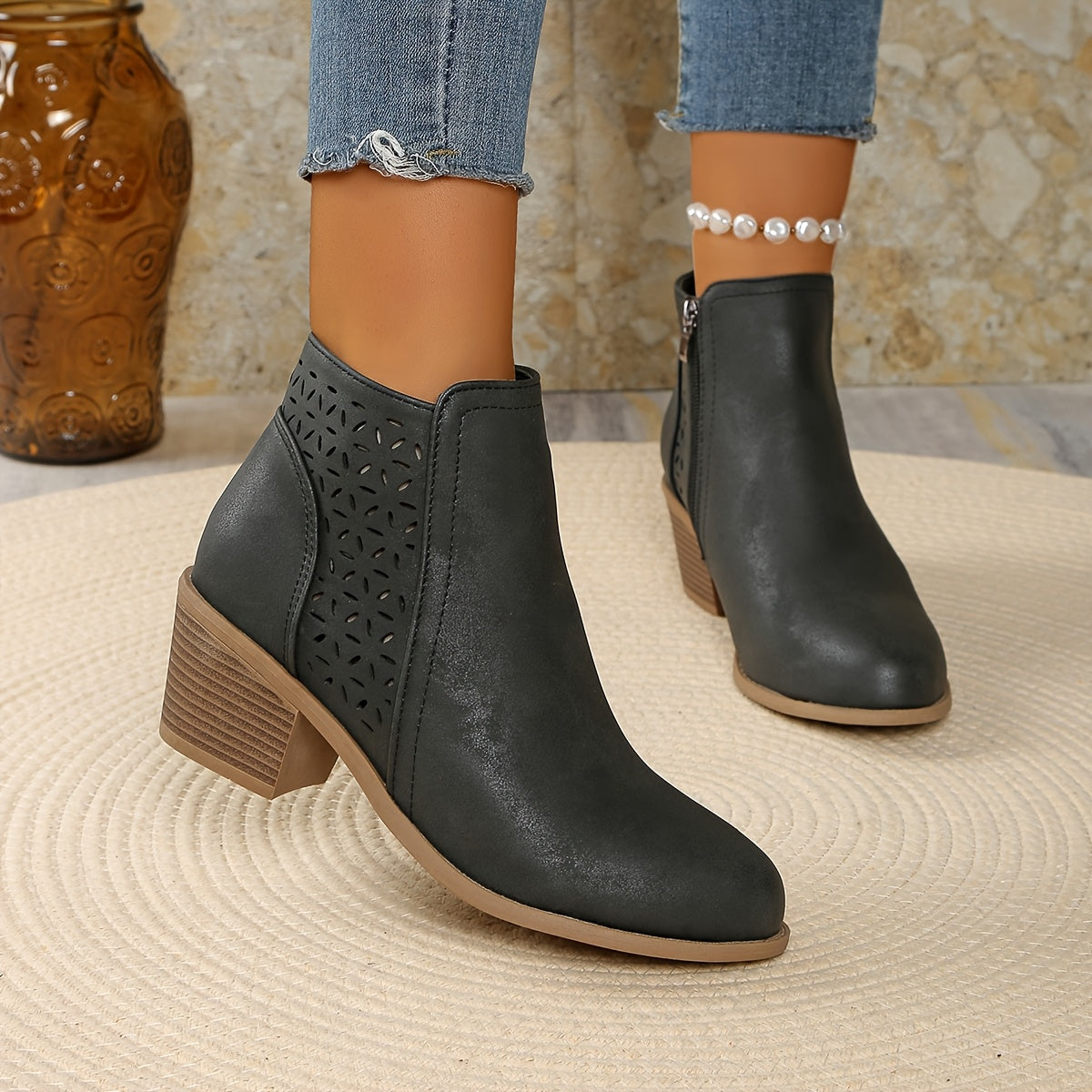 Paula | Women's Western-Style Ankle Boots – Side Zip, Cutout Panel, Stacked Heel