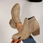 Paula | Women's Western-Style Ankle Boots – Side Zip, Cutout Panel, Stacked Heel – Beige