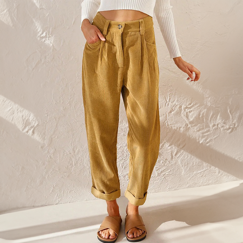 Paulette | Women's High-Waist Corduroy Pants – Wide Leg, Elastic Waist – Yellow
