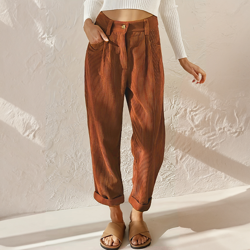 Paulette | Women's High-Waist Corduroy Pants – Wide Leg, Elastic Waist – Brown