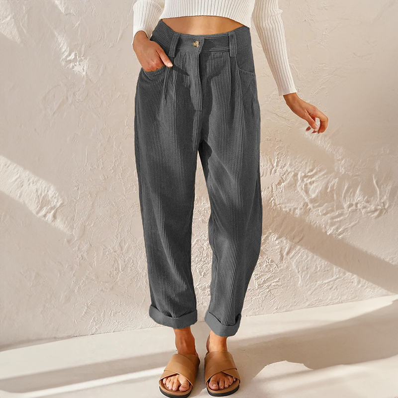 Paulette | Women's High-Waist Corduroy Pants – Wide Leg, Elastic Waist – Grey