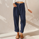 Paulette | Women's High-Waist Corduroy Pants – Wide Leg, Elastic Waist – Blue