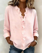 Phoebe – Women's Ruffle V-Neck Blouse – Long Sleeves with Fitted Cuffs
