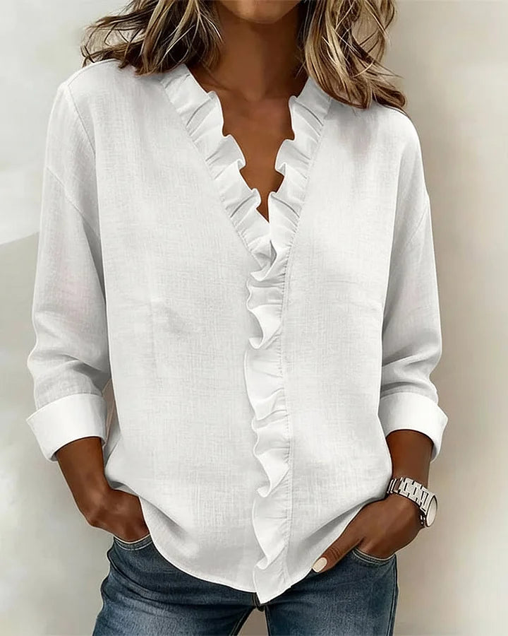 Phoebe – Women's Ruffle V-Neck Blouse – Long Sleeves with Fitted Cuffs