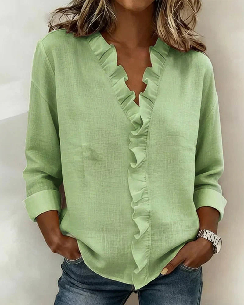 Phoebe – Women's Ruffle V-Neck Blouse – Long Sleeves with Fitted Cuffs