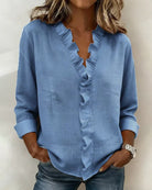 Phoebe – Women's Ruffle V-Neck Blouse – Long Sleeves with Fitted Cuffs