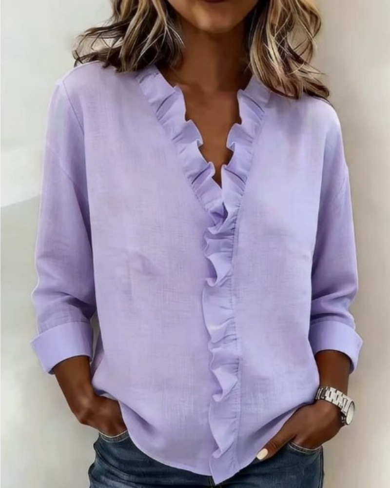 Phoebe – Women's Ruffle V-Neck Blouse – Long Sleeves with Fitted Cuffs
