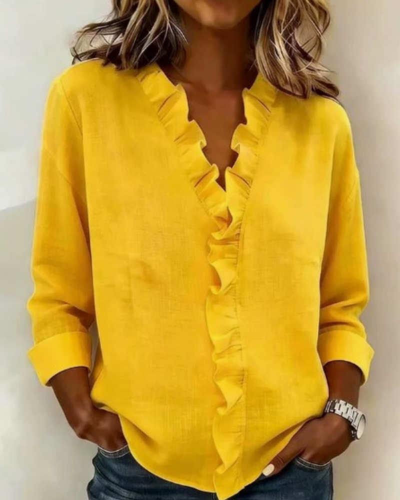 Phoebe – Women's Ruffle V-Neck Blouse – Long Sleeves with Fitted Cuffs