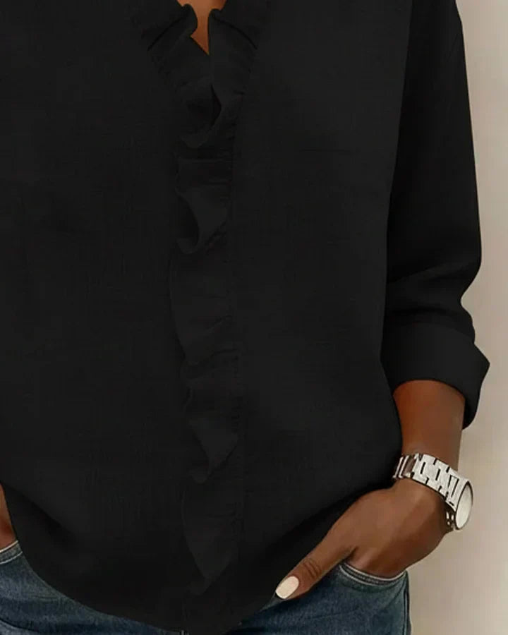 Phoebe – Women's Ruffle V-Neck Blouse – Long Sleeves with Fitted Cuffs