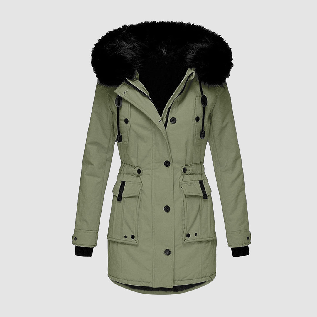Piper | Women's Faux Fur Hooded Winter Parka – Water-Resistant, Thermal Lined Longline – Sage Green