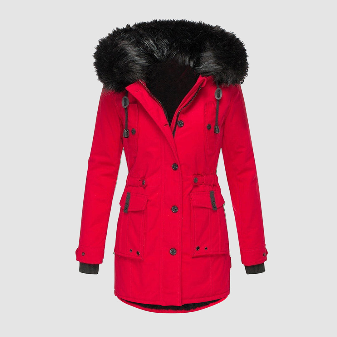 Piper | Women's Faux Fur Hooded Winter Parka – Water-Resistant, Thermal Lined Longline – Red