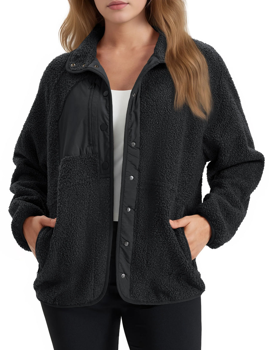 Pippa | Women's Sherpa Jacket – Turn-Down Collar, Button Front, Side Pockets