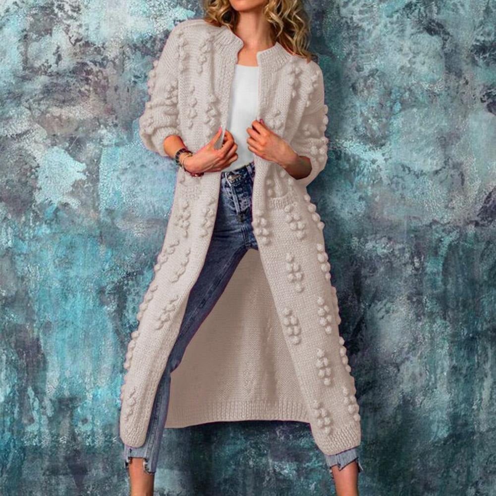 Priscilla | Women's Longline Popcorn Knit Cardigan – Open Front, Below-Knee Length – Beige