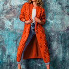 Priscilla | Women's Longline Popcorn Knit Cardigan – Open Front, Below-Knee Length – Orange