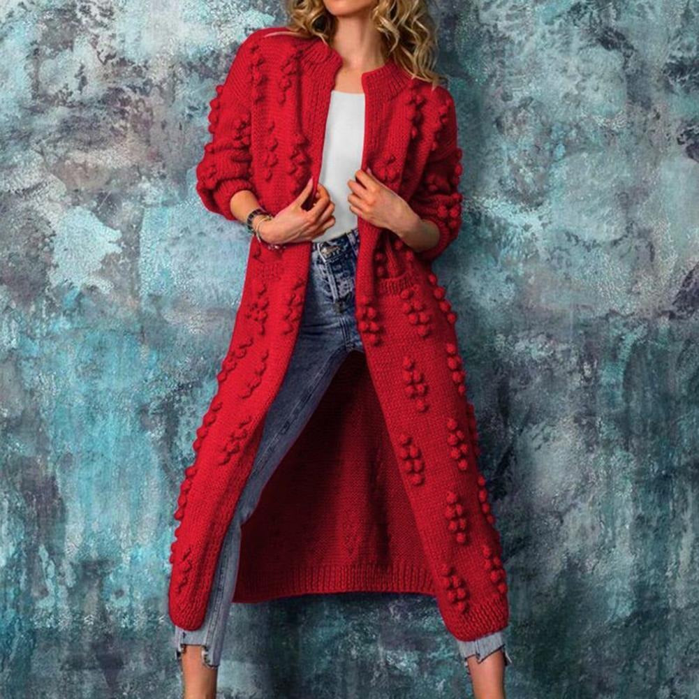 Priscilla | Women's Longline Popcorn Knit Cardigan – Open Front, Below-Knee Length – Red