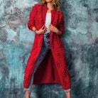Priscilla | Women's Longline Popcorn Knit Cardigan – Open Front, Below-Knee Length – Red