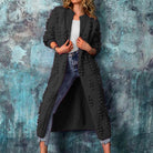 Priscilla | Women's Longline Popcorn Knit Cardigan – Open Front, Below-Knee Length – Black