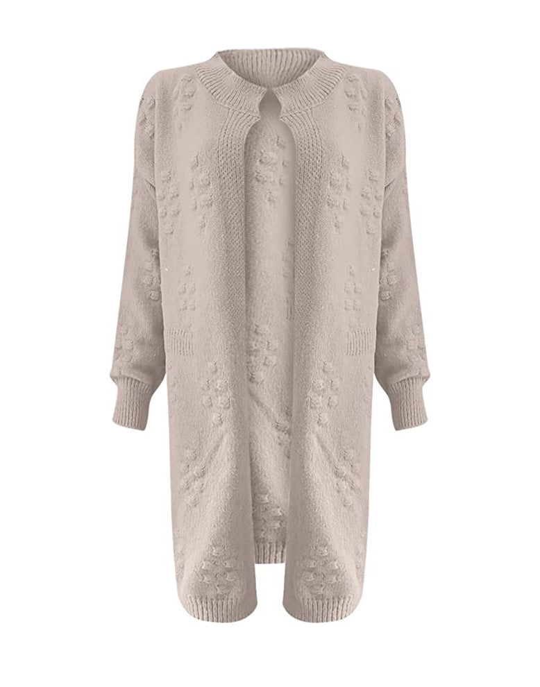 Priscilla | Women's Longline Popcorn Knit Cardigan – Open Front, Below-Knee Length