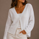 Regina | Women's Scallop-Trim Ribbed Knit Cardigan – V-Neck, Single Button, Cropped – White