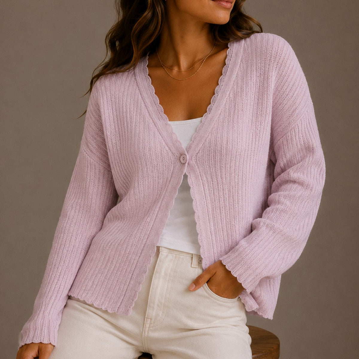 Regina | Women's Scallop-Trim Ribbed Knit Cardigan – V-Neck, Single Button, Cropped – Pink