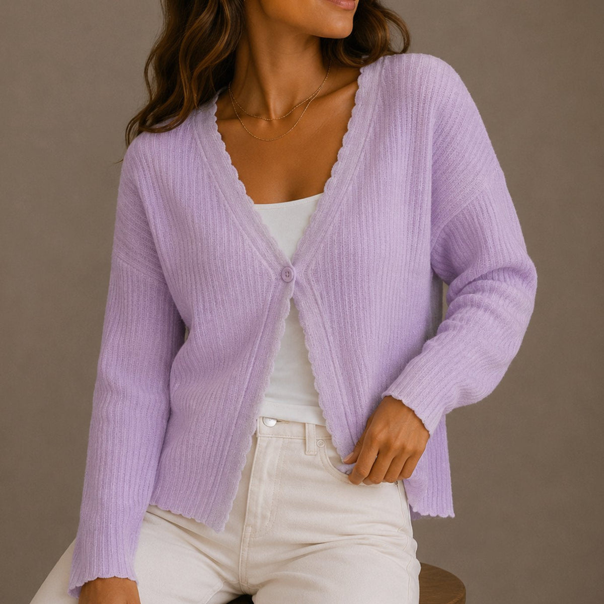 Regina | Women's Scallop-Trim Ribbed Knit Cardigan – V-Neck, Single Button, Cropped – Lavender
