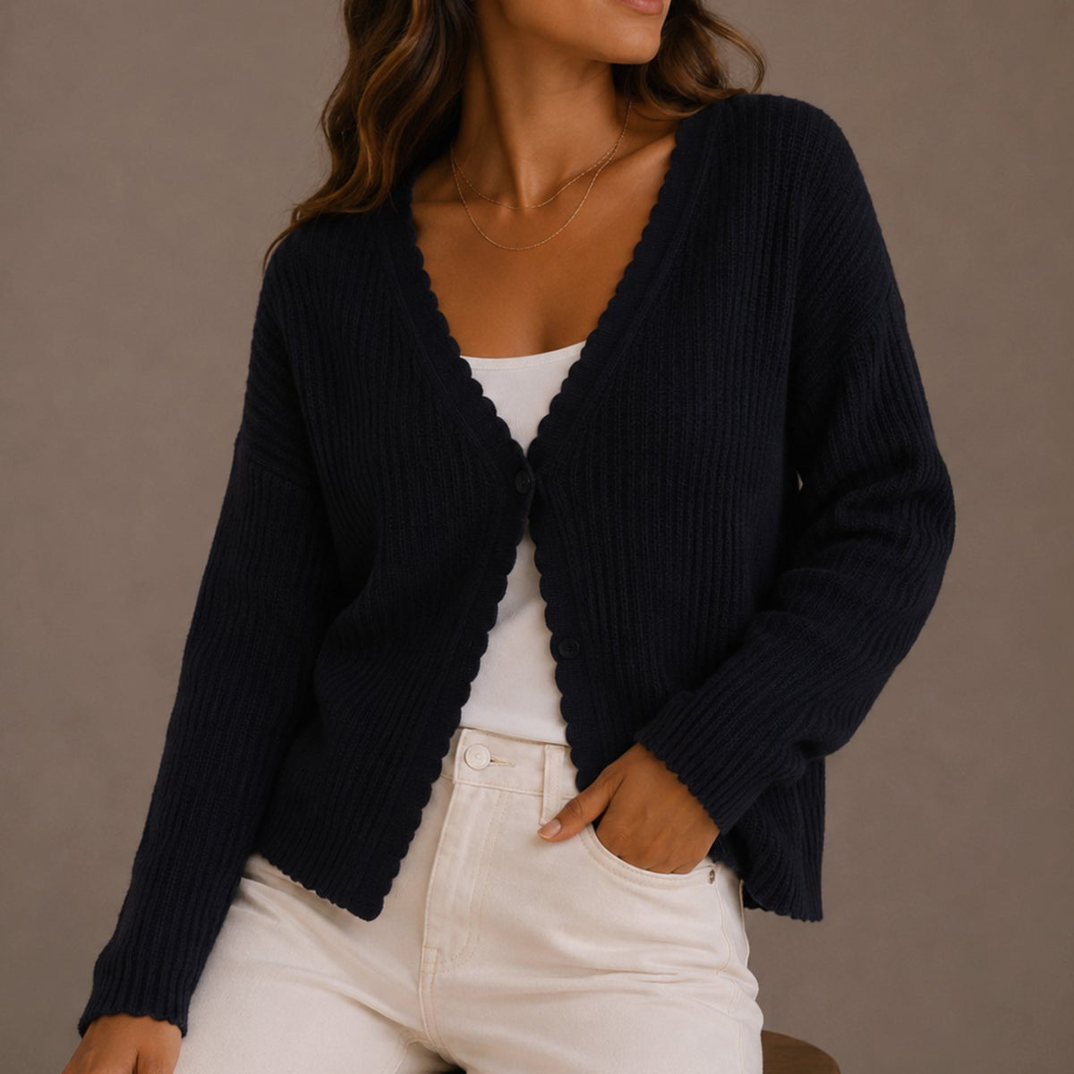 Regina | Women's Scallop-Trim Ribbed Knit Cardigan – V-Neck, Single Button, Cropped – Navy
