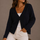 Regina | Women's Scallop-Trim Ribbed Knit Cardigan – V-Neck, Single Button, Cropped – Navy