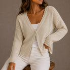 Regina | Women's Scallop-Trim Ribbed Knit Cardigan – V-Neck, Single Button, Cropped – Beige