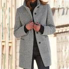 Rhea | Women's Collarless Wool-Blend Coat – Round Neck, Button Front – Grey