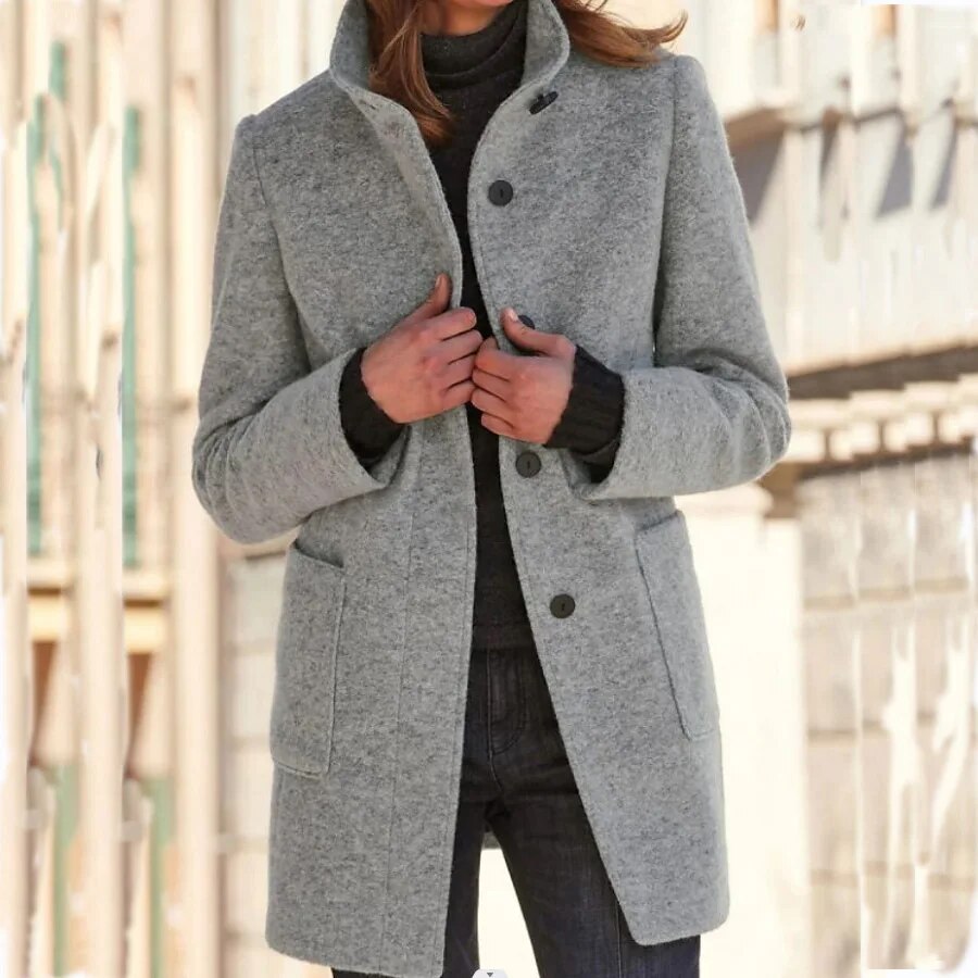Rhea | Women's Collarless Wool-Blend Coat – Round Neck, Button Front – Grey