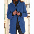 Rhea | Women's Collarless Wool-Blend Coat – Round Neck, Button Front – Dark Blue