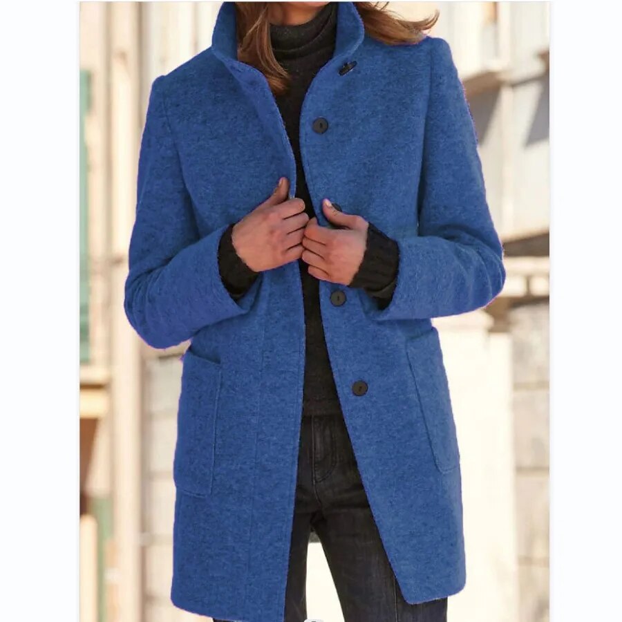 Rhea | Women's Collarless Wool-Blend Coat – Round Neck, Button Front – Dark Blue