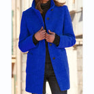 Rhea | Women's Collarless Wool-Blend Coat – Round Neck, Button Front – Blue