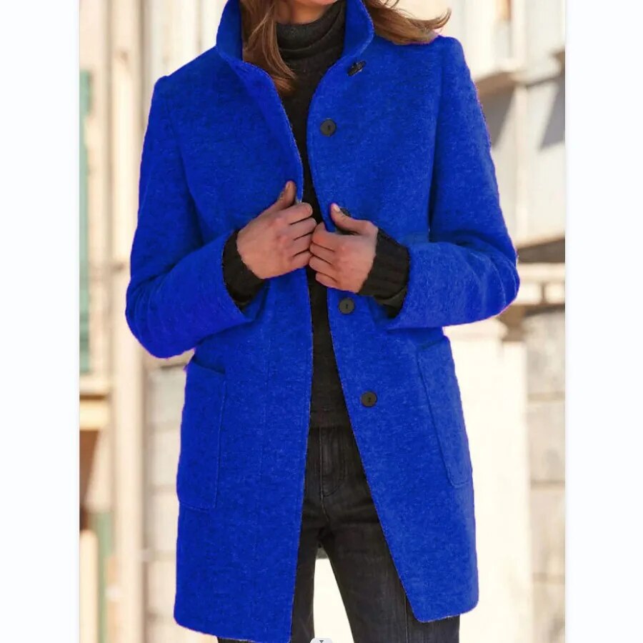 Rhea | Women's Collarless Wool-Blend Coat – Round Neck, Button Front – Blue
