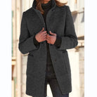 Rhea | Women's Collarless Wool-Blend Coat – Round Neck, Button Front – Dark Grey
