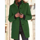 Rhea | Women's Collarless Wool-Blend Coat – Round Neck, Button Front – Green