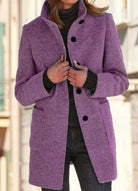 Rhea | Women's Collarless Wool-Blend Coat – Round Neck, Button Front – Purple