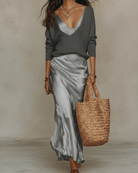 Rosalba | Women's Satin-Finish Midi Dress with Matching Knit Sweater – Two-Piece Set – Gray