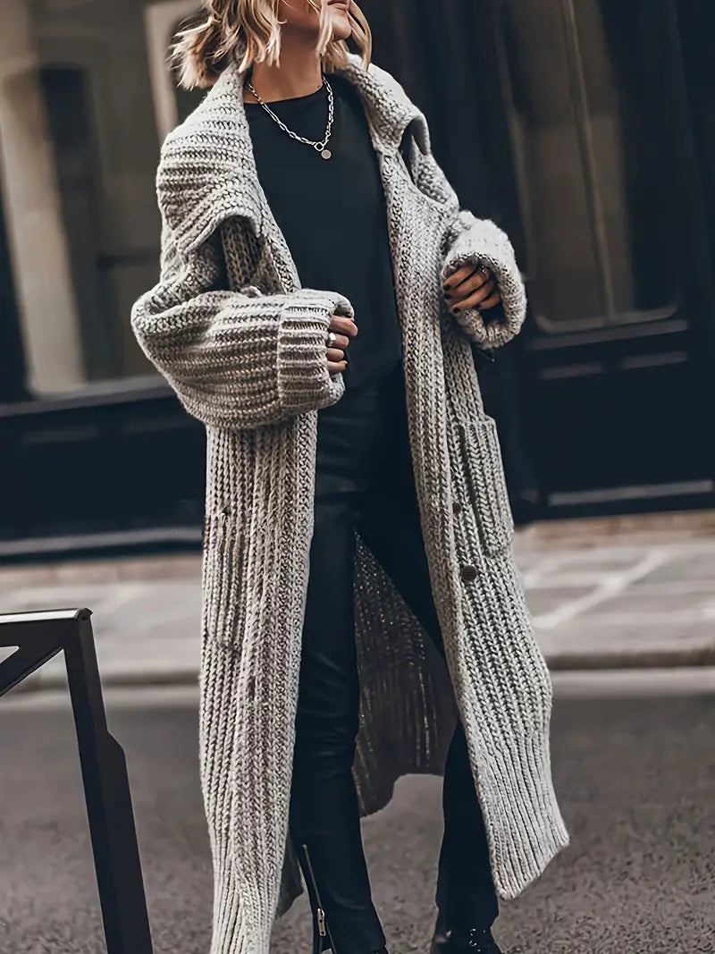 Rosalie | Women's Chunky Ribbed Long Cardigan – Oversized Sleeves, Patch Pockets, Longline – Gray