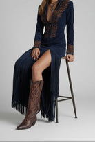 Rosalind – Women's Western Embroidered Maxi Dress – Long Sleeve with Fringe Hem